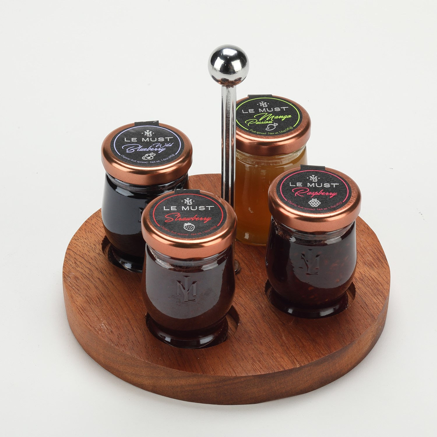 Circular Wooden Displays, 4 pockets with Ball-Shaped Silver Handle