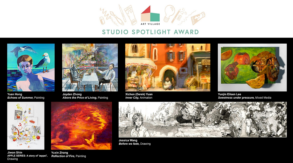 The Studio Spotlights have been awarded to the following students: Yuan Hong, Jayden Zhong, Derek Yuan, Yunjin Lee, Jiwon Shin, Yuxin Zhang, Jessica Wang.