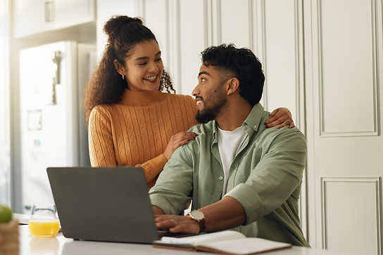 Laptop, support and research with couple in kitchen for bills, home loan and financial pla