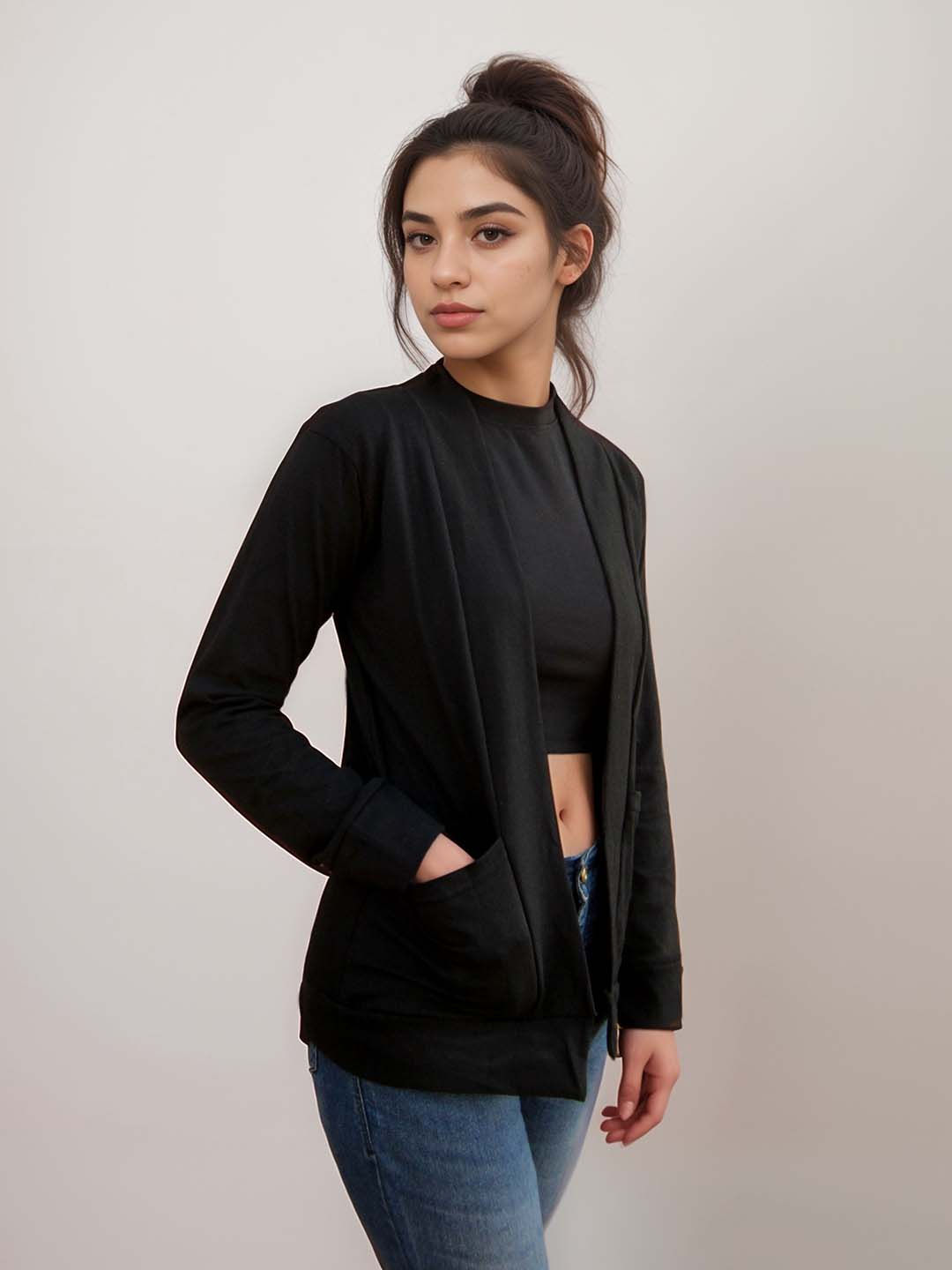 Women Black Cotton Blend Pocket Shrug