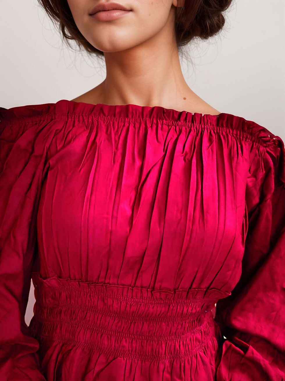 Thumbnail: Women Solid Cotton Blend Maroon Off-Shoulder Peplum Top