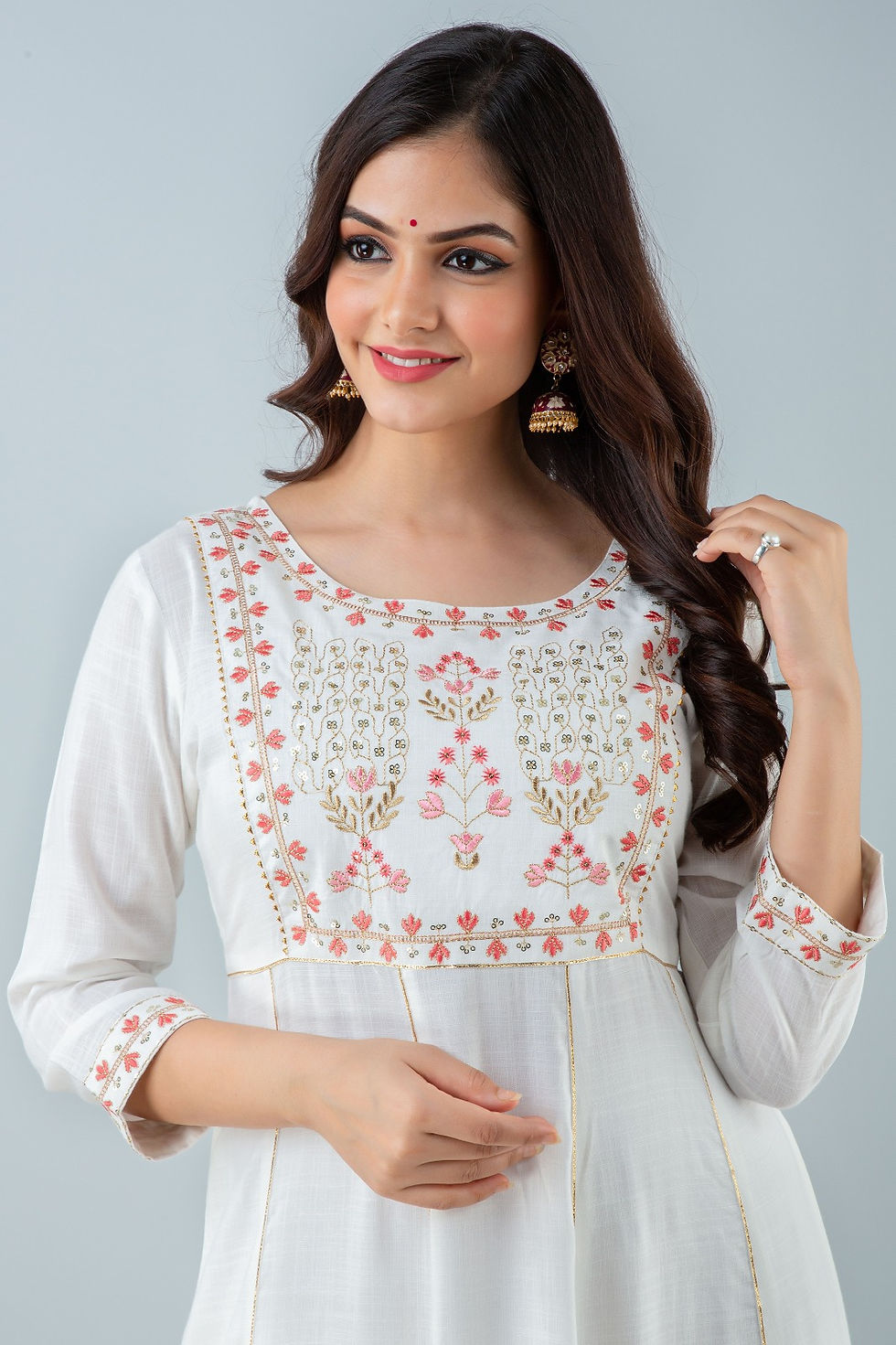 Thumbnail: Women White Embroidered Cotton Blend Anarkali Kurti