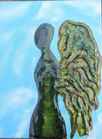 Earth Angel in art clay on canvas abstract art. Green earthy angel sculpture against a pale blue sky.