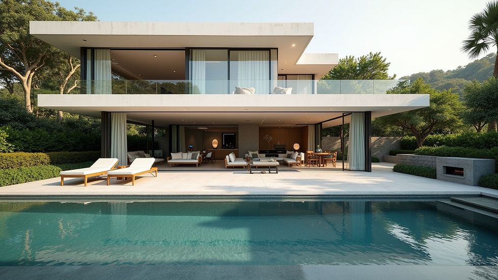 High angle view of luxury villa with panoramic glass walls and landscaped garden