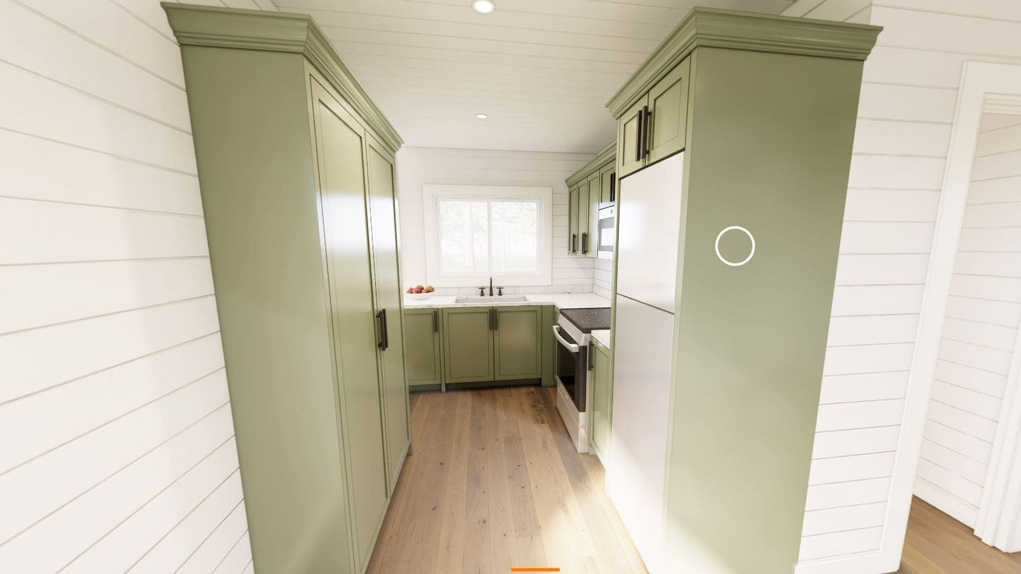 Narrow kitchen featuring sage green cabinets, light wood floor, white appliances.