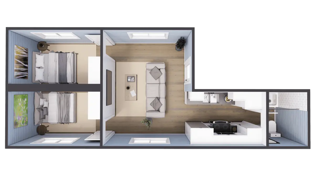 Top-down view of a modern open-plan apartment living room and kitchen.