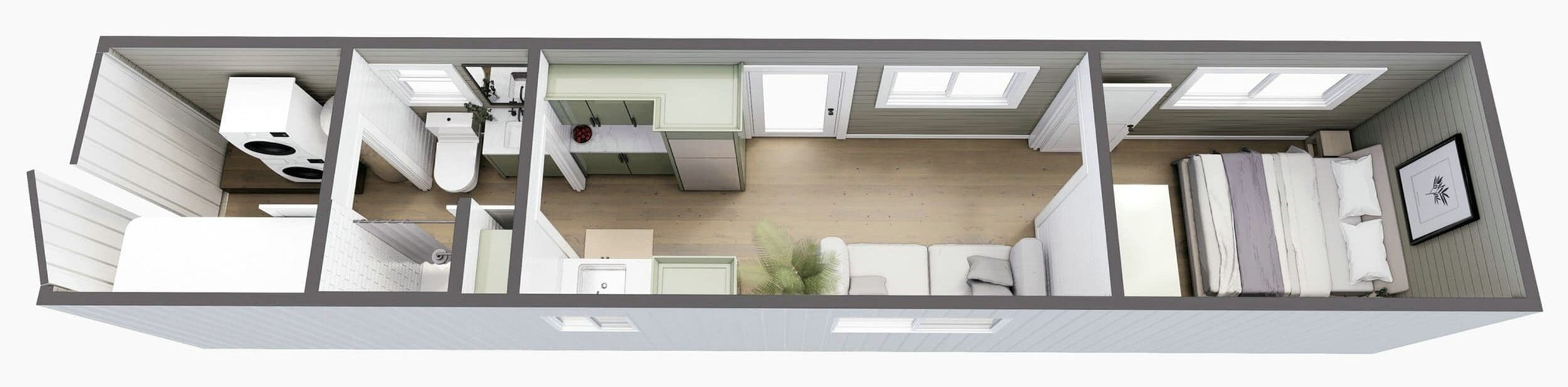 Rendered floor plan showing a two-bedroom container home layout.