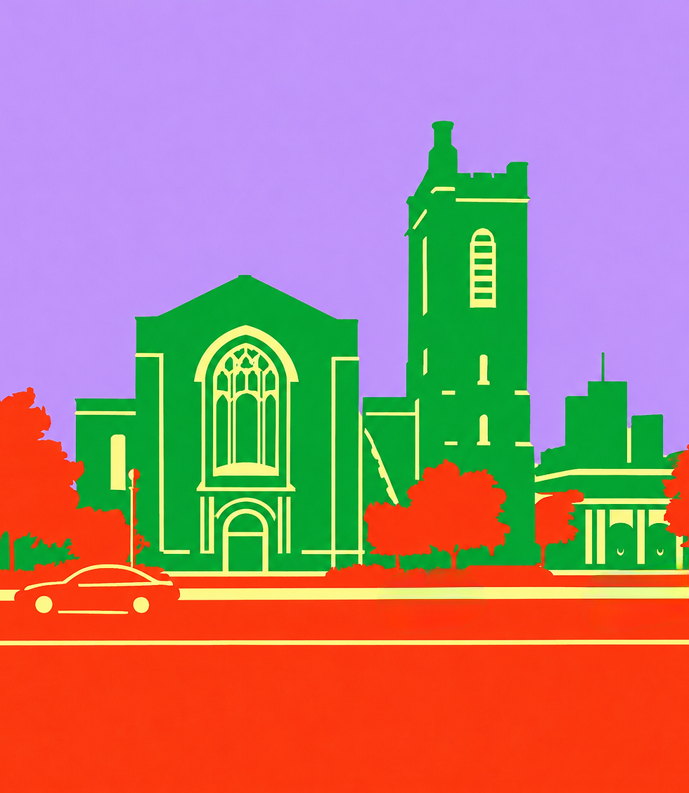 Front of church rendered in the style of pop art.