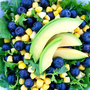 Kale salad with Blueberries, Corn and Avocado