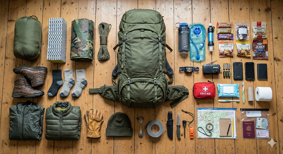 72h mugursomas ekipējuma saraksta variants (piedzīvojumam / ārkārtas gatavībai)