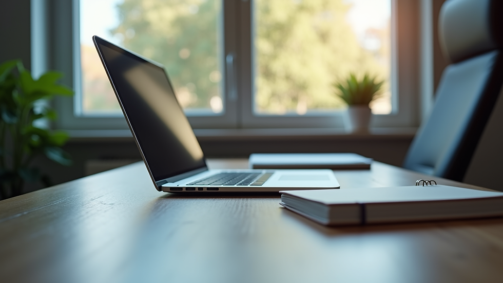 Eye-level view of a modern office desk with a laptop and a notebook