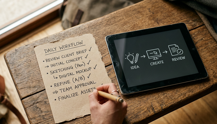 Overhead view of a handwritten checklist beside a tablet showing simple workflow icons.