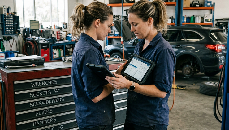 Eye-level view of a mechanic using a tablet beside labelled tool drawers