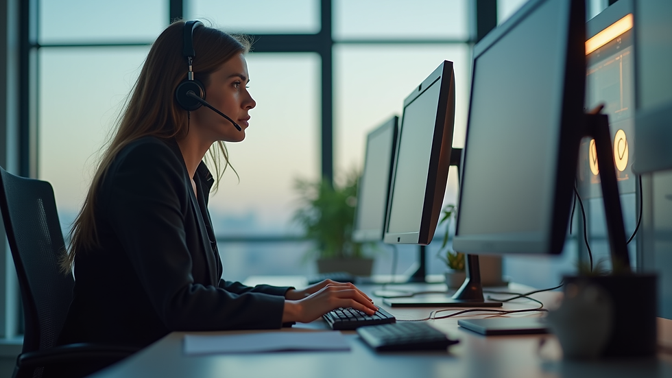 Eye-level view of a customer support specialist working at a computer desk