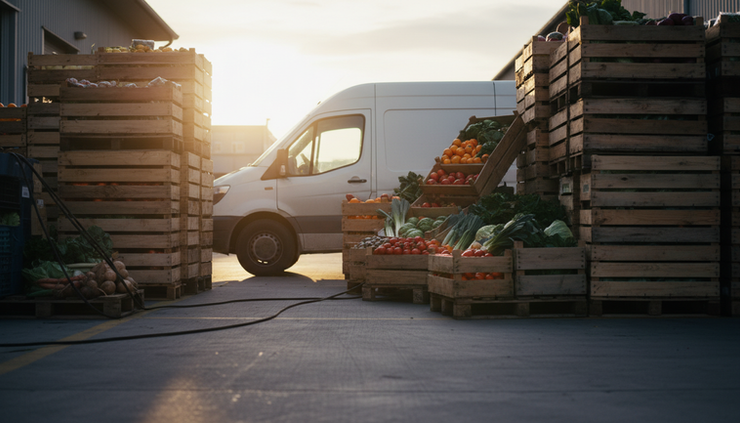 Low-angle view of a regional delivery van beside stacked produce crates at sunrise