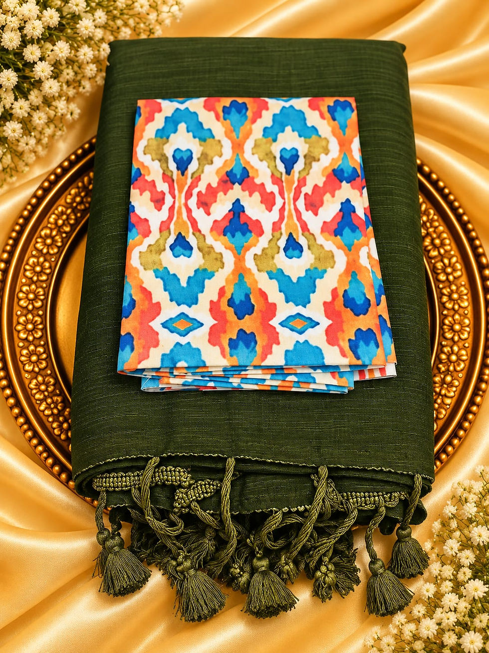 Thumbnail: Cotton Plain Saree (Khadi Cotton) with Separate Printed Blouse-Olive Green