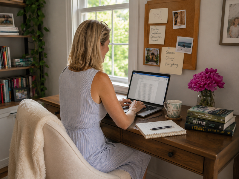 Woman writing her novel at her laptop at her writing desk.