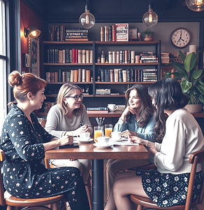 create a photo of writers of different ages joining together to talk at a trendy tea shop.