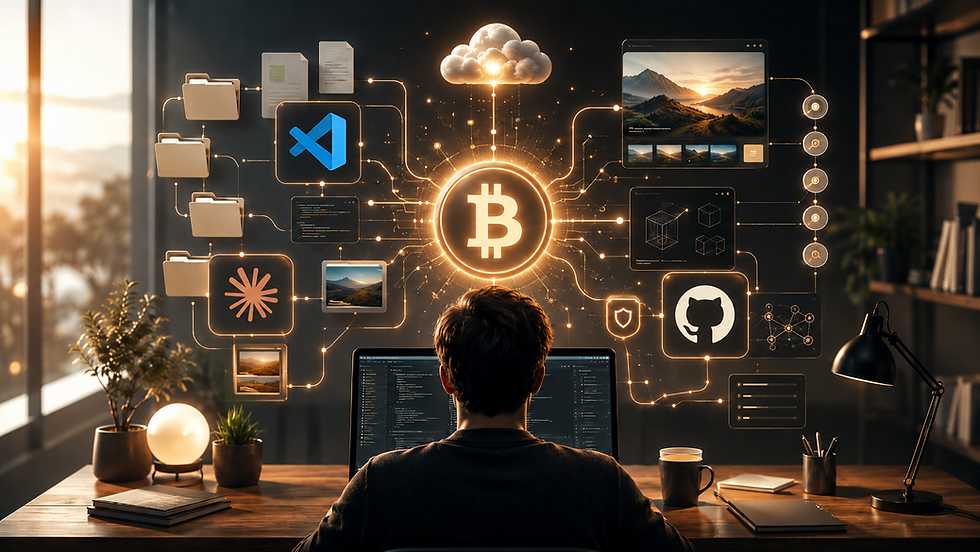 Person working at a laptop as Bitcoin connects VS Code, Claude Code, GitHub, files, and digital tools into one creative operating system.