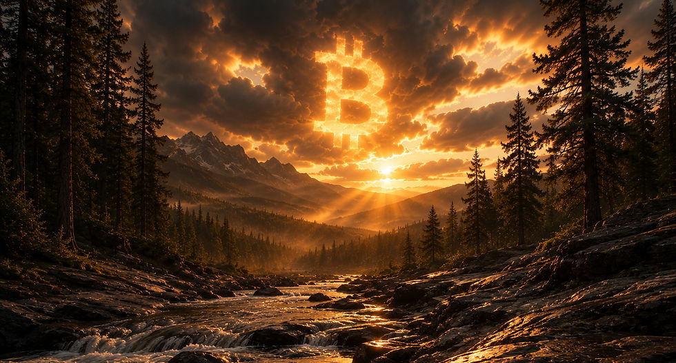 Cinematic golden-hour forest valley with a rocky creek running over exposed bedrock, towering pines, mist, dramatic storm-lit clouds, and a glowing Bitcoin ₿ symbol formed subtly in the sky