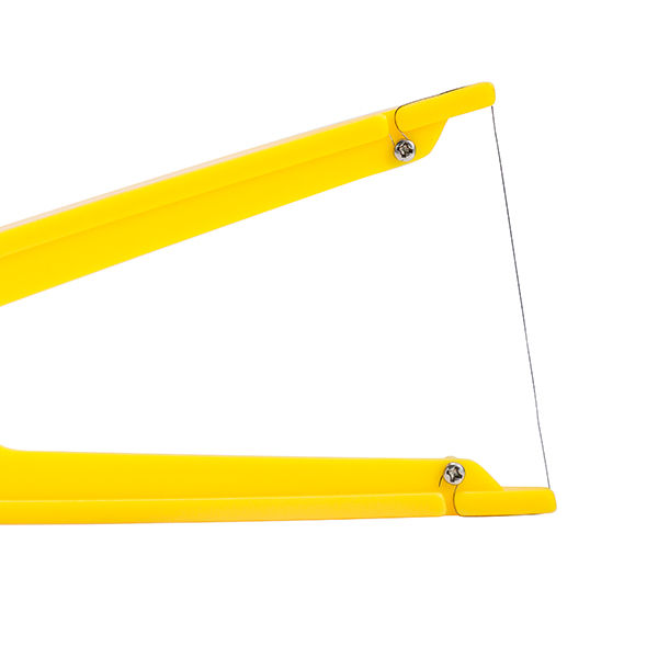 Thumbnail: Close-up of yellow wire clay cutter with a securely fastened stainless steel wire