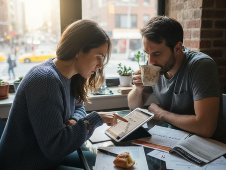 Couple researching IVF options on tablet