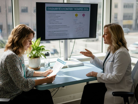 Women at fertility clinic reviewing ovarian therapy options