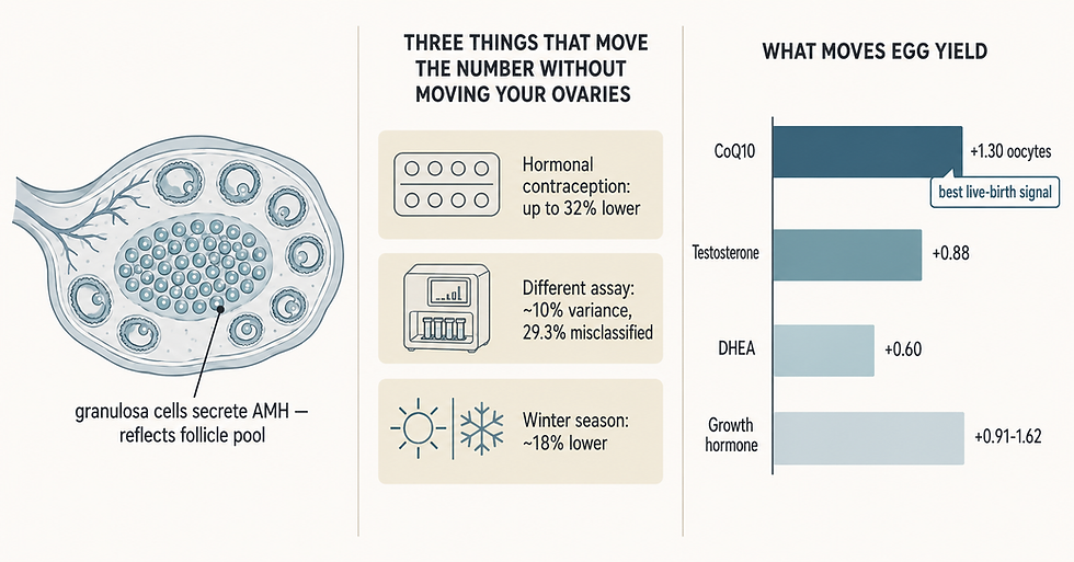 Diagram of how to boost AMH level and what distorts the reading versus what raises egg yield