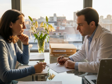 Woman consulting fertility doctor in clinic office