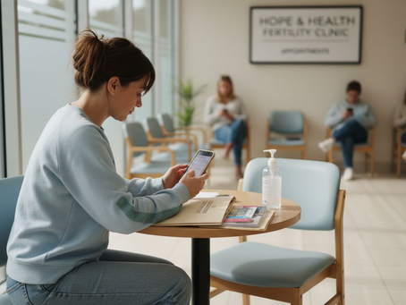 Woman reviewing egg freezing checklist in clinic waiting area