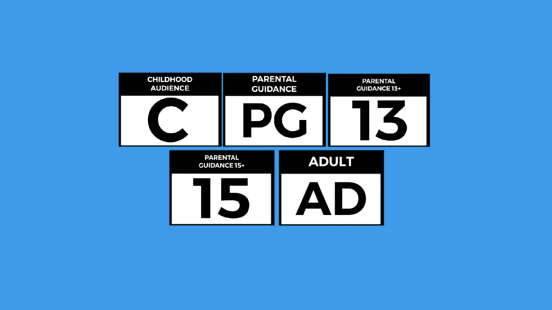 All Crystal Music Ratings Rating Icons Childhood Audience C Parental Guidance PG Parental Guidance 13+ 13 Parental Guidance 15+ 15 Adult AD on Light Blue Background