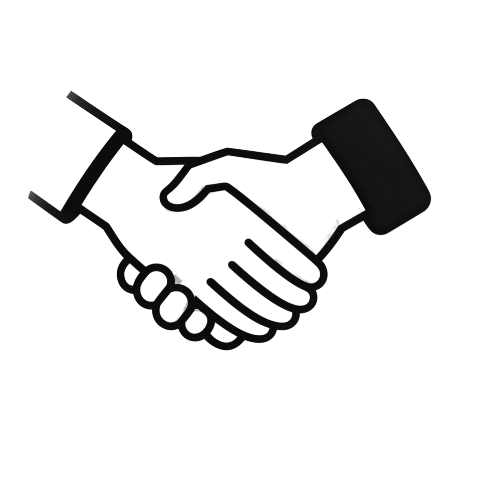 Graphic icon of two hands shaking, symbolizing agreement and partnership.
