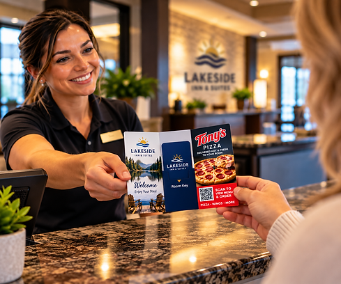 Smiling hotel front desk employee handing a guest a branded fold-over room key card holder featuring hotel information and QR code pizza delivery advertising.