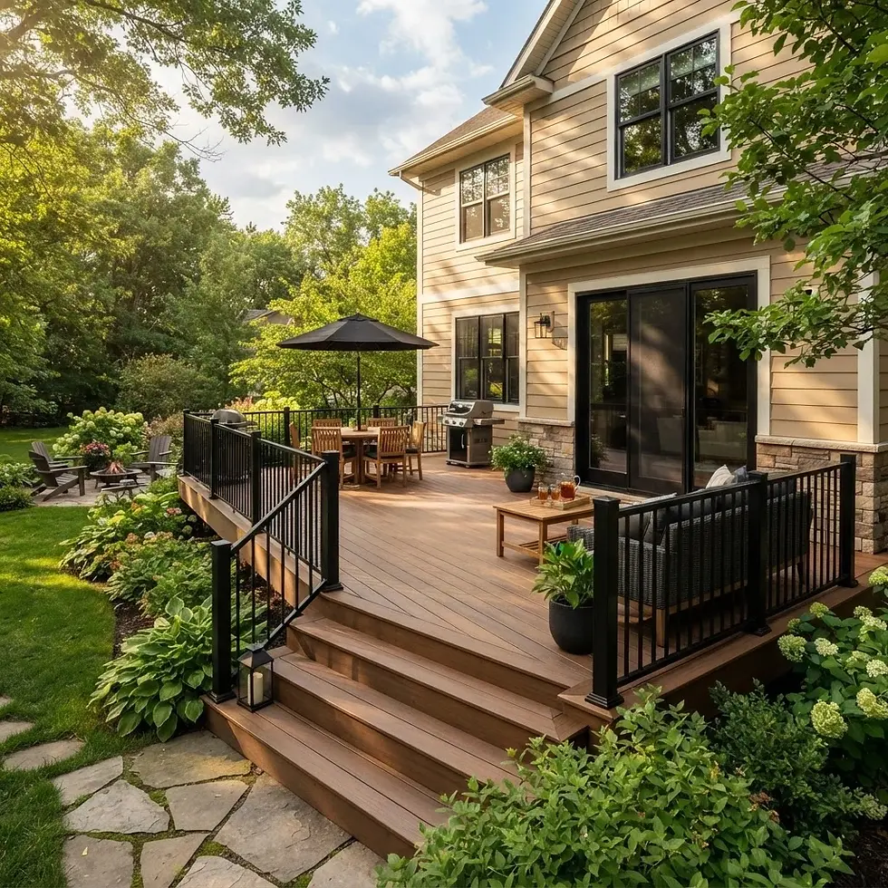 Exterior photography of a spacious, modern wooden deck in a lush backyard. Features outdoor dining, a seating area, and a grill, bathed in warm afternoon light.