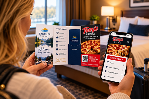 Hotel guest viewing a custom fold-over key card holder with hotel amenities, room key pocket, pizza delivery advertisement, and QR code linking to an online ordering menu.