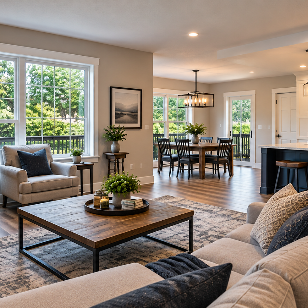 Interior photography of a spacious, sunlit open-plan living and dining area. The room features a prominent stone fireplace, comfortable seating, and a modern kitchen island.