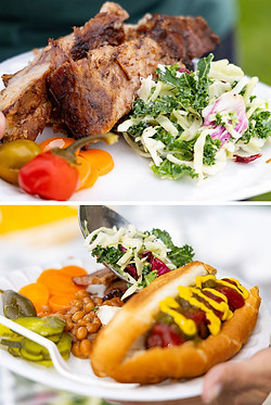 Plates of food. Ribs with a salad. Hotdog with beans and salad