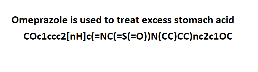 Here, CO and OC indicate methoxy groups attached to aromatic rings, c1ccc2…c1 encodes the fused aromatic/heteroaromatic ring system, [nH] represents a protonated nitrogen in the benzimidazole ring, and S(=O) captures the sulfoxide linkage that is central to omeprazole’s chemistry and mechanism of action. Like all SMILES strings, this is one of several equivalent ways to write the same molecule; different canonicalization rules or software may produce a slightly different—but chemically identical—string.