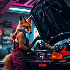 hyperrealistic image of an anthropomorphic female fox wearing overalls leaning into the ho