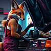 hyperrealistic image of an anthropomorphic female fox wearing overalls leaning into the ho