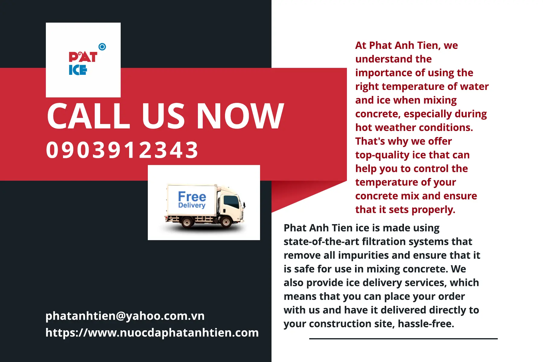 Our ice is made using state-of-the-art filtration systems that remove all impurities and ensure that it is safe for use in mixing concrete.