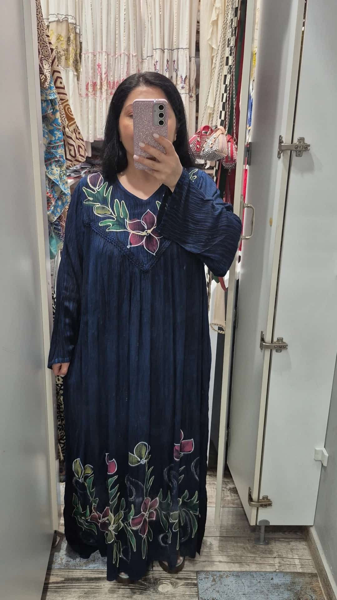 Büyük Beden Elbise Batik Desenli Pamuklu Lacivert Ton