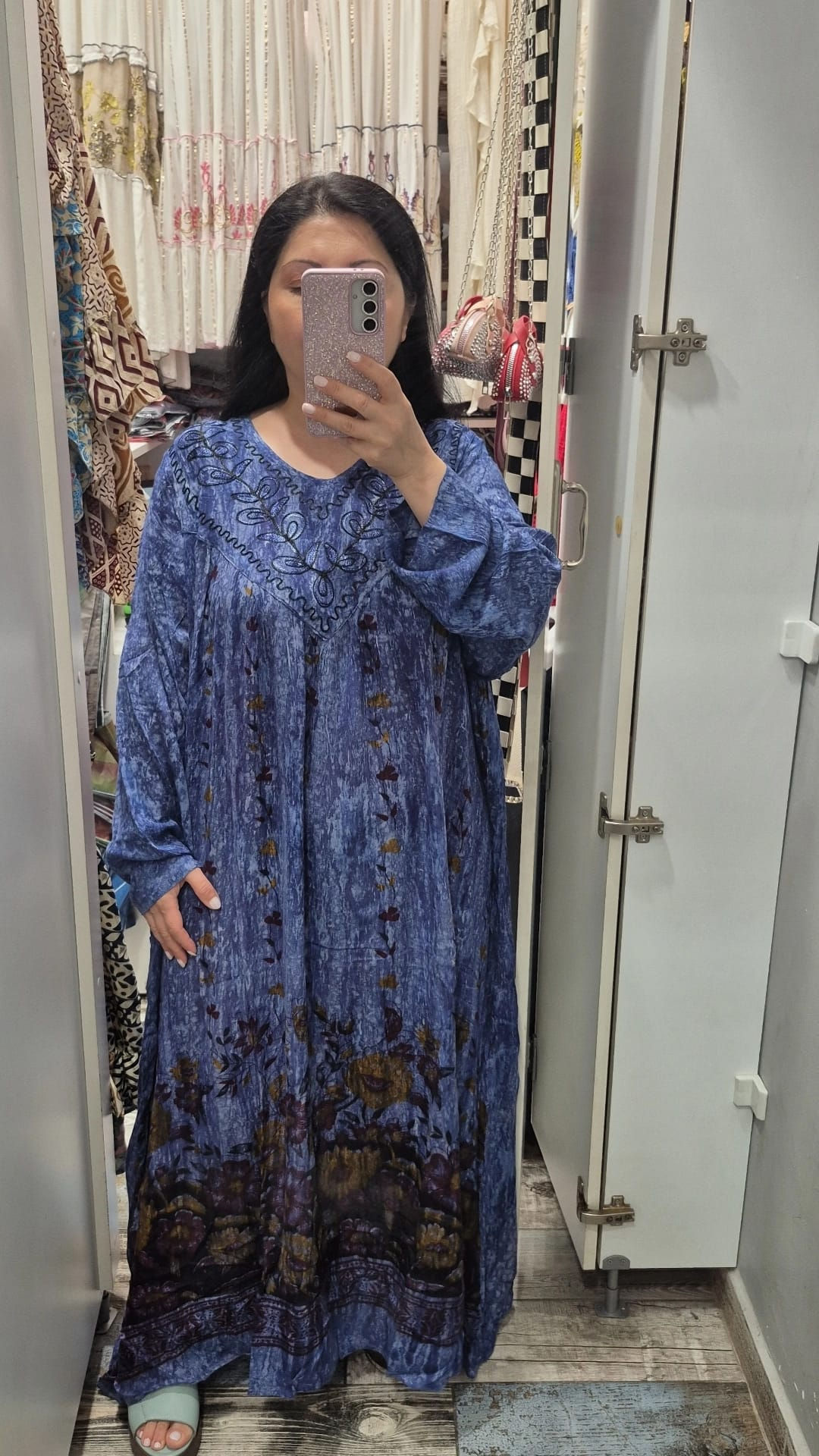 Büyük Beden Elbise Batik Desenli Pamuklu Petrol Mavi Ton