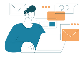 character working on the computer, replying to messages and answering emails