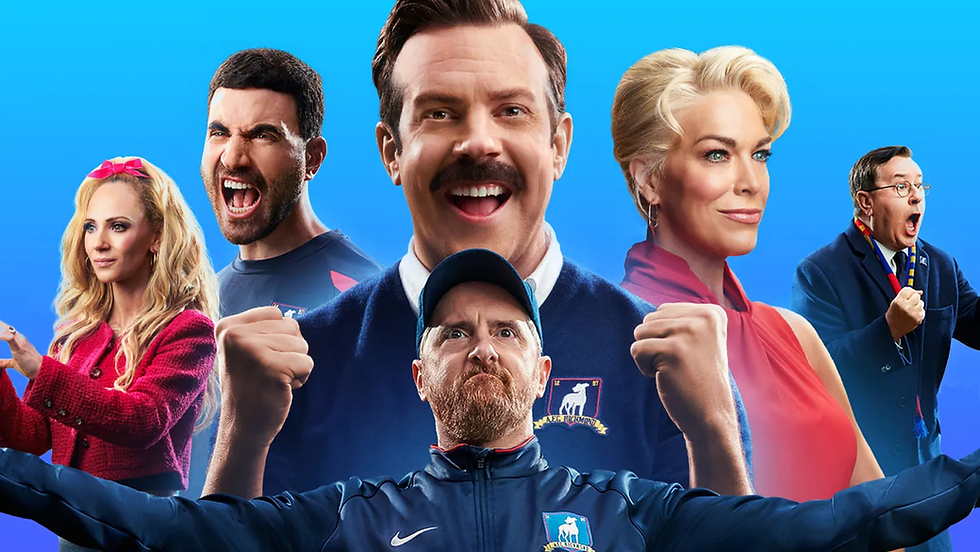 Group of people (core cast of Ted Lasso) expressing excitement and determination. Bright blue background, colorful clothing, and focused expressions convey energy.