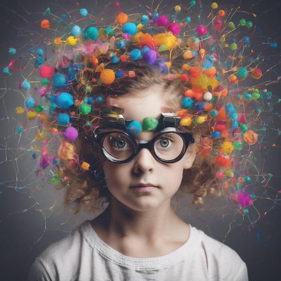 Child with curly hair wears large glasses. Hair is adorned with colorful, fluffy balls, creating a whimsical, playful vibe against a neutral background.