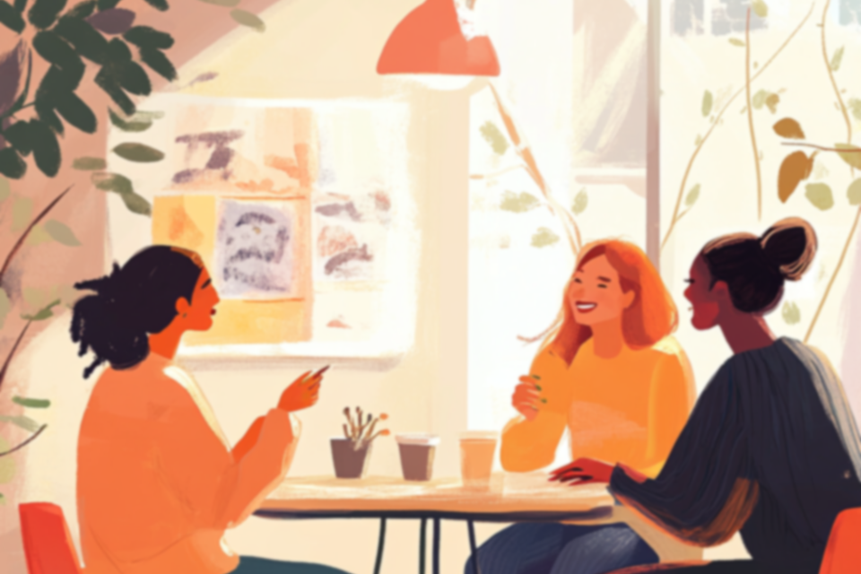 Group of people eating together, taken from Tend VR-MBI course content