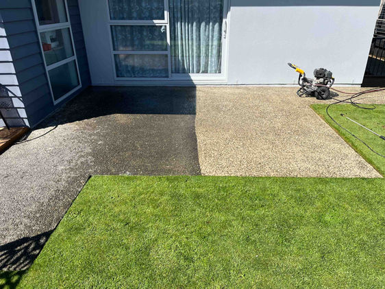 Concrete clean at Mosgiel showing the dirty path as grime is being removed by Blast Off Otago