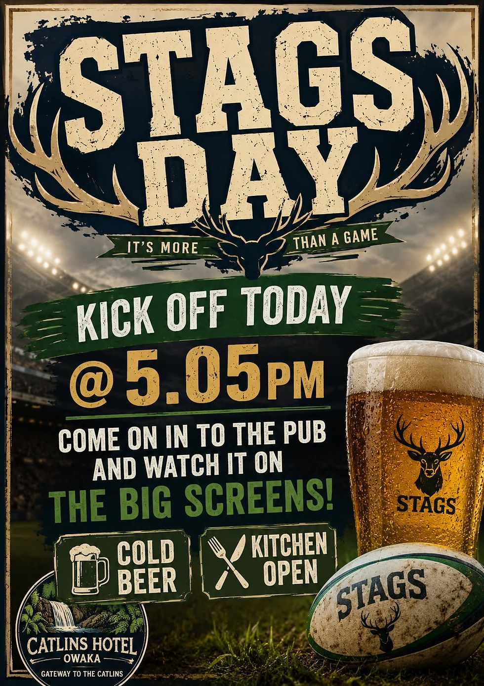 Stags day, come watch the rugby at Catlins Hotel, Owaka