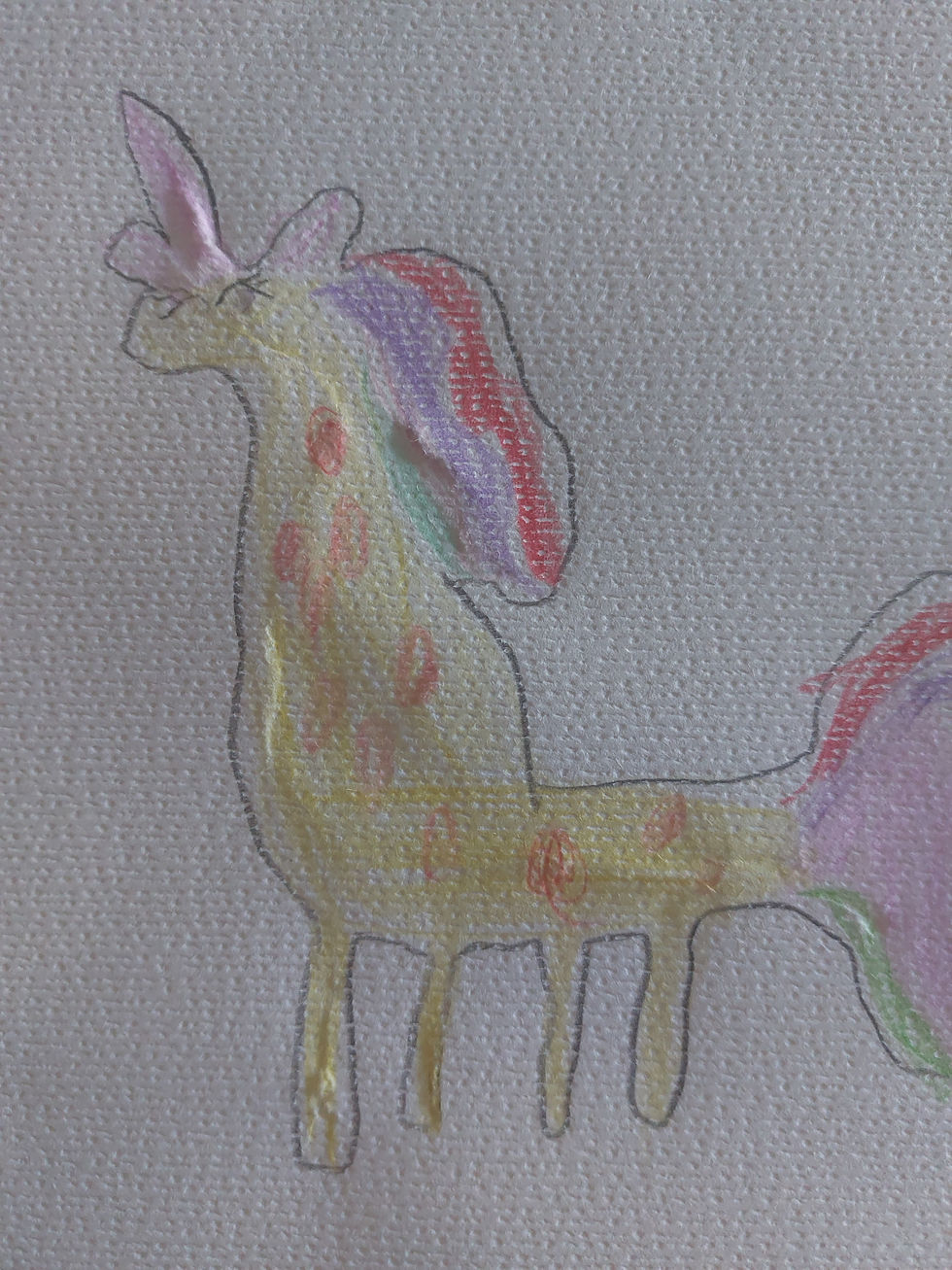 Kid's drawing of a unicorn with a long giraffe-like neck and spots.